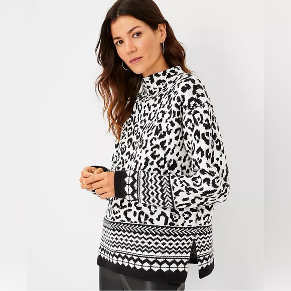 Ann Taylor Animal Print Mock Neck Sweater S Petite - Picture 1 of 6